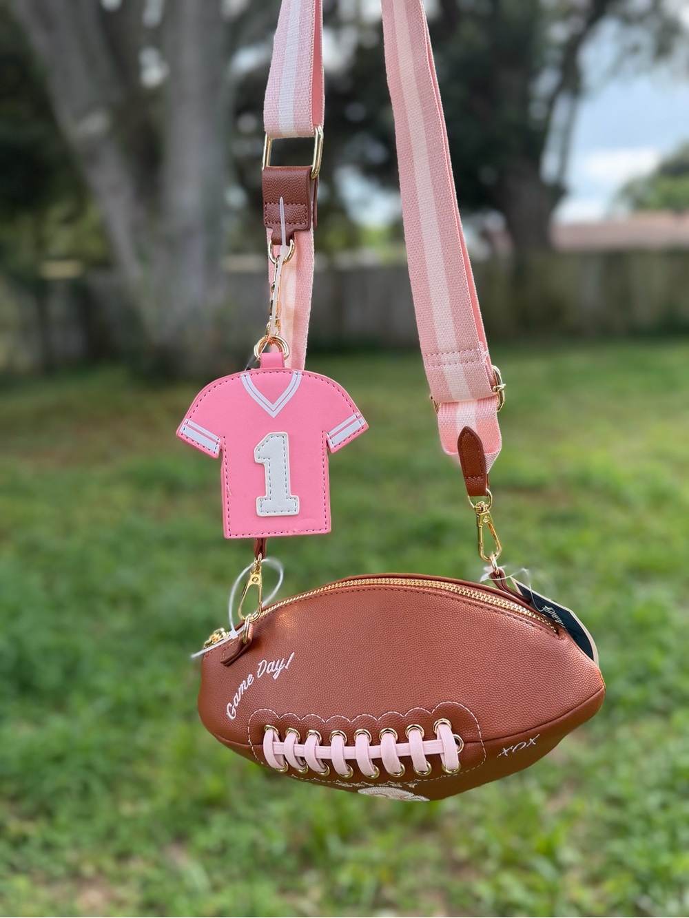 Betsey johnson Pink & Brown Football Crossbody Bag with Pink Jersey Charm